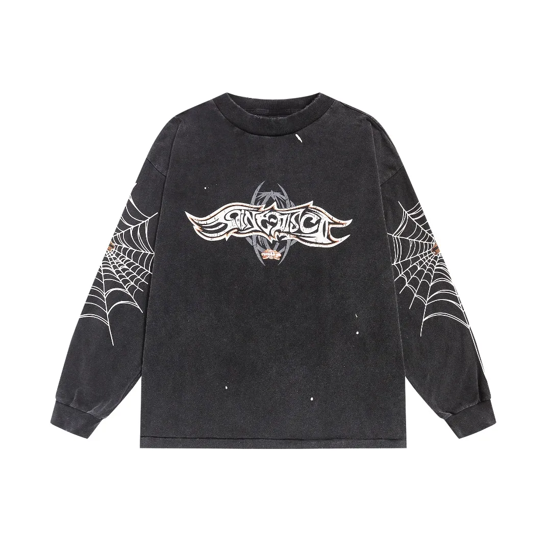 Saint Michael spider web splash ink VTG American high street washed loose long-sleeved base T-shirt Fabric: 260g Style number: SM18 Size: S-M-L-XL Color: Black Price: P156